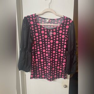 Cato Black & Pink Polka Dot Balloon Sleeve Blouse – Size M